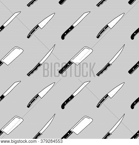 Seamless Pattern With Different Meat Cuttinng Knives. Vector Background In Doodle Style For Hallowee