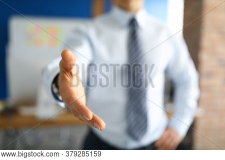Close-up Of Stylish Businessman Shake Hand. Office Worker Wearing Trendy Costume And Tie. Man In Pre