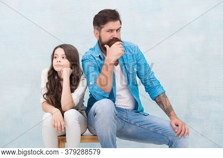 Quarrel Just For Fun. Unhappy Father Quarrel With Little Daughter. Ignoring Each Other. Conflict Or 