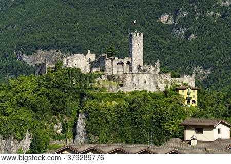 View Of Breno, Brescia, Lombardy, Italy, From The Road To Crocedomini Pass At Summer. Mountain Lands