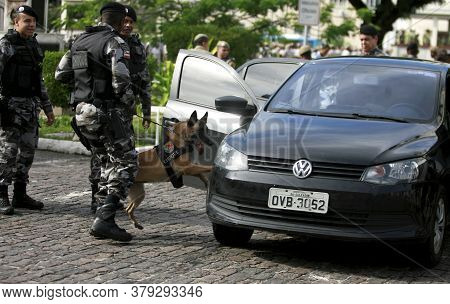 Salvador, Bahia / Brazil - August 2, 2016: Military Personnel From The Batalha De Choque Use A Dog D
