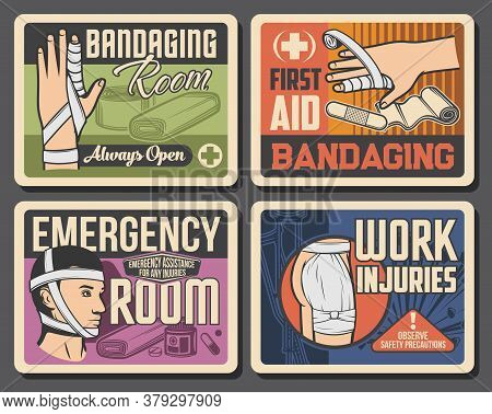 Bandage, Emergency Room Medicine Retro Vector Posters. Trauma Of Finger, Head And Buttocks First Aid