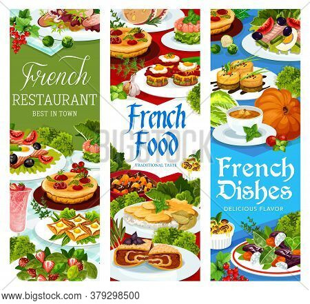 French Food, France Cuisine Vector Dishes Bacon Wrapped Liver Plate. Tuna Salad With Tomato, Olives 