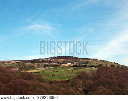 Panoramic View Of Midgley Moor In Calderdale West Yorkshire With Surrounding Village And Farms Behin