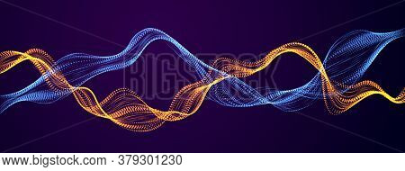 3d Particles Mesh Array, Mutual Sound Wave Flowing Over Dark. Round Shining Points Vector Effect Ill
