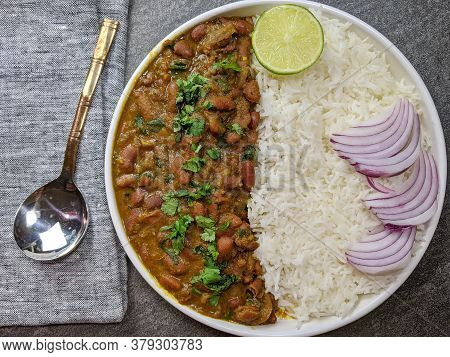 A Platter Of Indian Red Kidney Beans Curry Or Rajma Masala And Rice