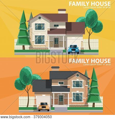 Family House. 2 Houses, Car And Trees. Hearth And Home. Flat Design. For Your Project. Vector Illust