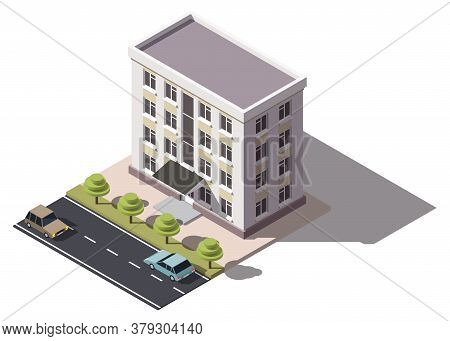 Public Residential Building Isometry. Isometric View Of The House And Cars. 3d Object For Video Game