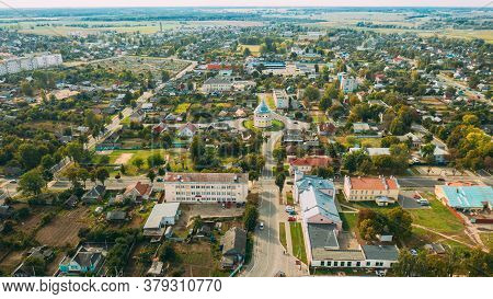 Chachersk, Gomel Region, Belarus. Aerial View Of Skyline Cityscape. Old Transfiguration Church. Hist