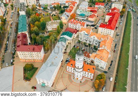 Mahiliou, Belarus. Mogilev Cityscape With Famous Landmark - 17th-century Town Hall. Aerial View Of S