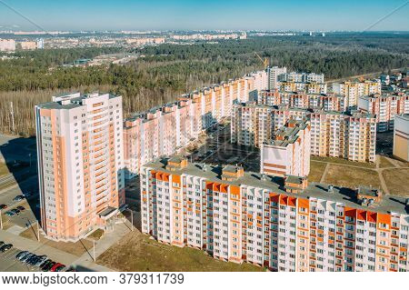 Gomel, Belarus. Aerial Birds-eye View Of New Residential Multi-storey Houses. Cityscape Skyline In S
