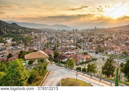 Sarajevo skyline day sunset view at summer in Bosnia and Herzegovina. Panorama cityscape of Sarajevo.