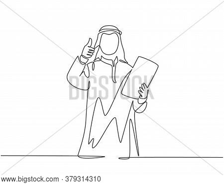 Single Continuous Line Drawing Of Young Muslim Business Manager Give Thumbs Up And Hold Company Rule