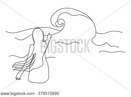 A Young Long-haired Girl Stands On The Seashore Or Ocean And Stretches With One Hand To The Horizon.