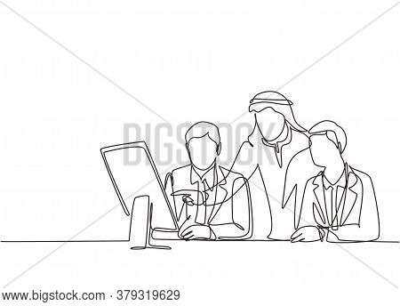 Single Continuous Line Drawing Of Young Muslim Businessman Watching Business Presentation From His P