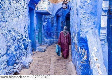 Chefchaouen, Morocco - Oct 14, 2019: Street Life In The Blue City Of Chefchaouen Or Chaouen, A City 