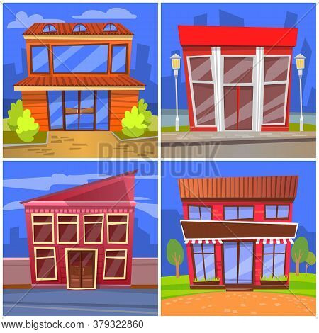 Exteriors Of Cafe Or Restaurants Vector. Buildings In City, Houses With Windows Built In Modern Mann
