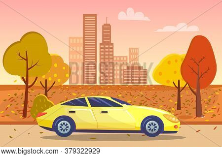 Cityscape With Skyscrapers And Infrastructure And Vehicle Passing Townscape. Muscle Car Riding Along