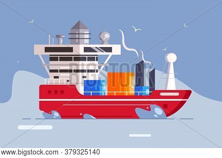 Tanker Cargo Ship With Containers. Flat Style.