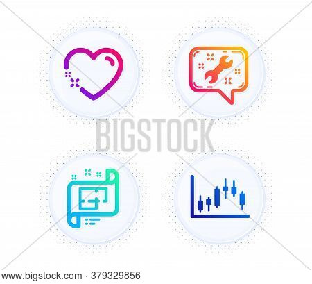 Architectural Plan, Spanner And Heart Icons Simple Set. Button With Halftone Dots. Candlestick Graph