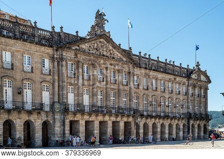 Santiago De Compostela, Spain - July 18, 2020: View Of City Hall In Square Of Obradoiro