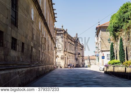 Santiago De Compostela, Spain - July 18, 2020: Street In Historical Centre Of Santiago De Compostela