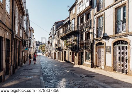 Santiago De Compostela, Spain - July 18, 2020: San Pedro Street In Historical Centre Of Santiago De 