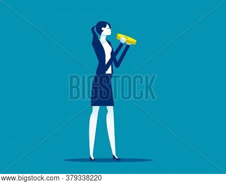 Businesswoman Eating Coin. Business Financial Concept, Finance And Economy