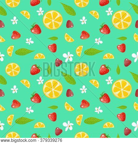 Fruit Seamless Pattern With Lemons, Strawberries, Leaves And Floewers On Blue Background. Vector Ill