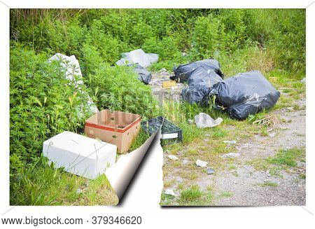 Illegal Dumping With Bottles, Boxes And Plastic Bags Abandoned In Nature - Concept Imega With Ripped