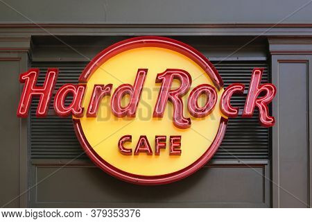 Lyon, France - September5, 2019: Hard Rock Cafe Logo On Wall In Lyon. Hard Rock Cafe Inc. Is A Chain