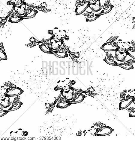 Seamless Pattern. Monkey Sits In Lotus Position, Meditating, Levitating. Cute Animals Practice Yoga.