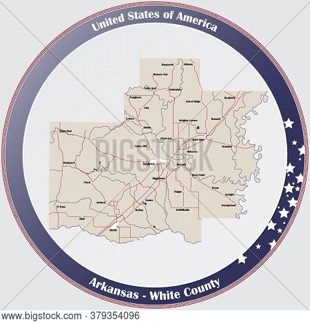 Round Button With Detailed Map Of White County In Arkansas, Usa.