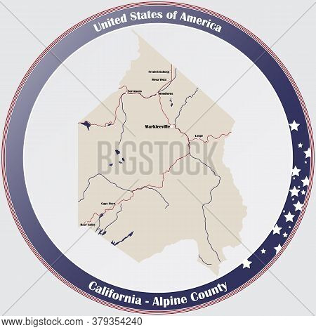 Round Button With Detailed Map Of Alpine County In California, Usa.