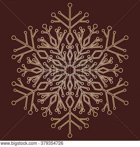 Round Vector Snowflake. Abstract Winter Golden Ornament. Fine Snowflake