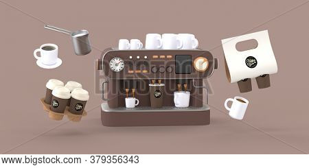 Coffee shop 3D render - coffee machine -modern concept digital illustration of a coffee maker with cups on the top, surrounded by takeout coffee packs and cups. Creative landing web page header