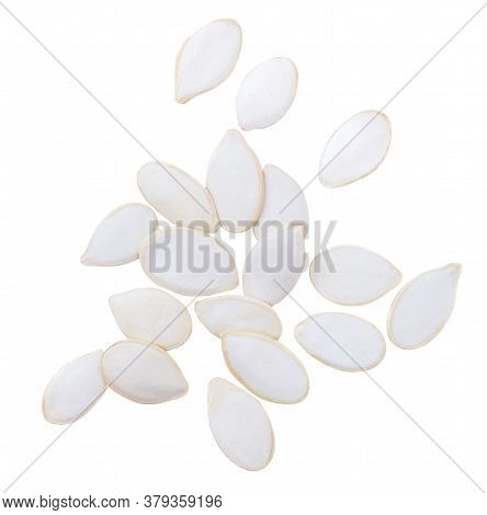 Pumpkin Seeds Isolated On White Background. Top View. Flat Lay