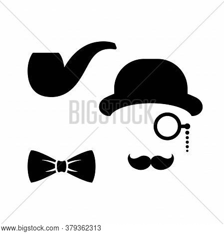 Gentleman Set Isolated On White. Moustache, Lorgnette Glasses, Smoking Pipe And Bowler Hat.