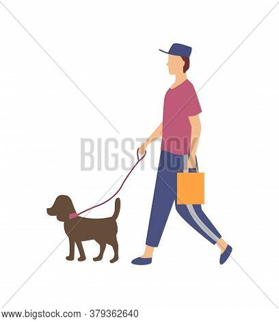 Man Or Woman Going With Dog, Side View Of Person Wearing Casual Clothes And Cap, Domestic Animal Wit