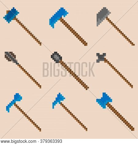 Set Of Nine Pixel War Hammers. Image For Icons, Games, Sites And More. Vector Illustration.