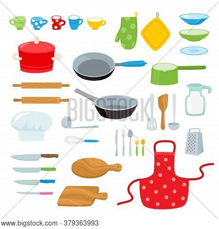 Cartoon Kitchen Tools Set Isolated On White.