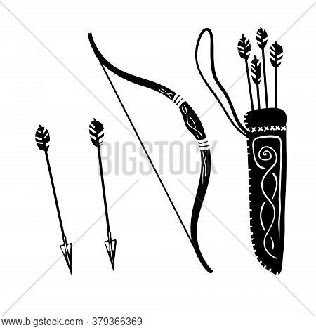 Vector Silhouette Set Of Bow And Quiver Of Arrows