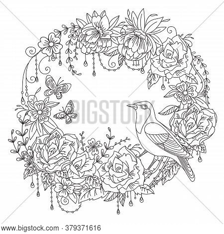 Vector Coloring Wreth With Bird And Flowers In Circle Composition. Decorative Vector Illustration Bl