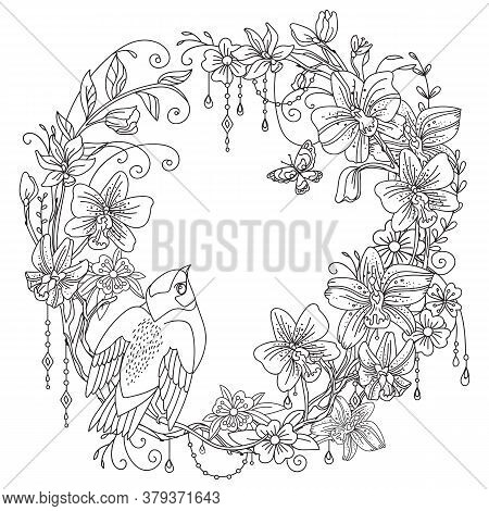 Vector Coloring Ornamental Wreth With Bird And Flowers In Circle Composition. Decorative Illustratio