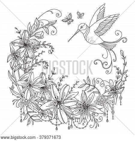 Vector Coloring Ornamental Wreth With Hummingbird And Flowers In Circle Composition. Decorative Illu