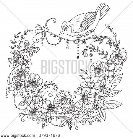Vector Coloring Ornamental Wreth With Songbird And Flowers In Circle Composition. Decorative Illustr