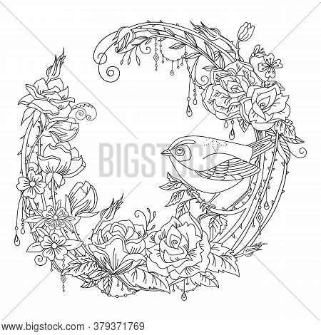 Vector Coloring Ornamental Wreth With Cute Bird And Flowers In Circle Composition. Decorative Illust