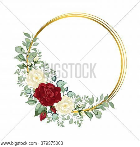 Frame Golden Crystal. Geometric Crystal Stone Polyhedron Mosaic Shape. Botanical Template With Golde