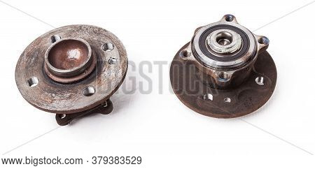 Wheel Hub With Bearing From Old Metal Close-up On White Isolated Background In A Photo Studio. Seaso