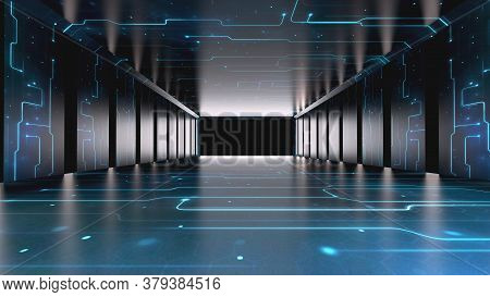 High Resolution Abstract Corridor Perspective  Hall Digital Technology Background. Light Glow Digita